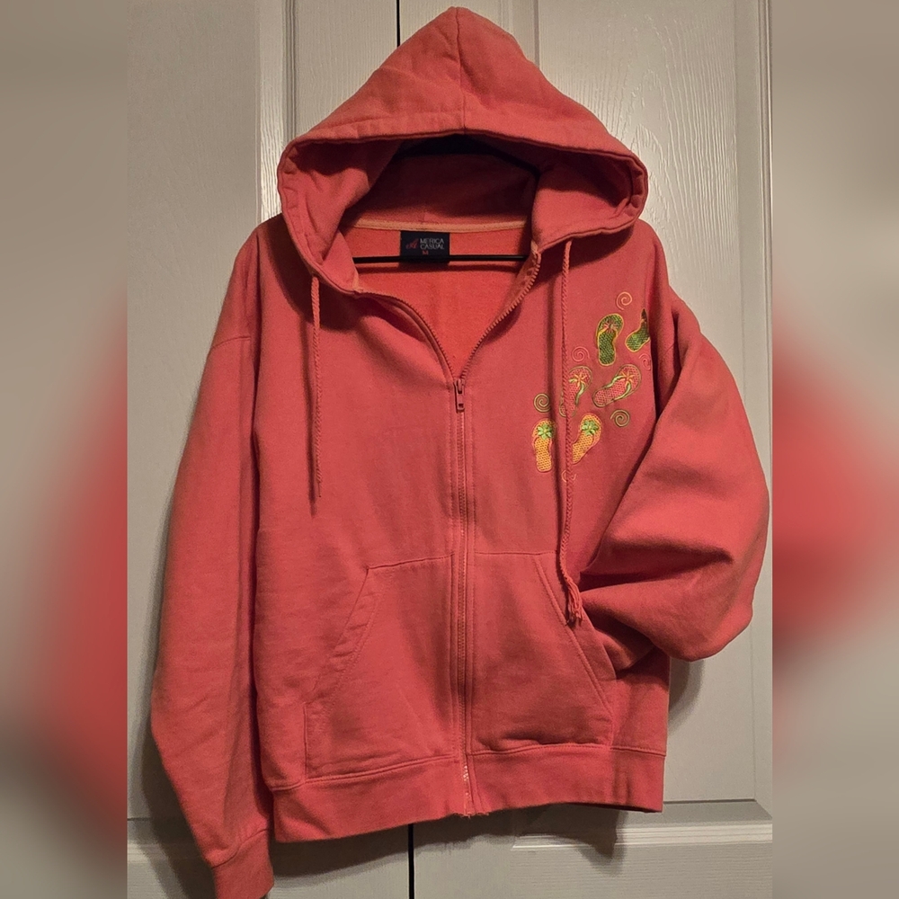 Melon Colored, Long Sleeve Zip Front Hoodie, Medium